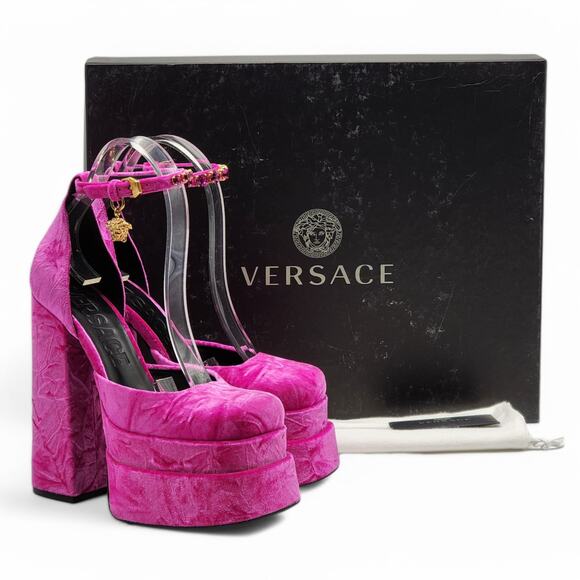 Versace Medusa Aevitas Double Platform Pumps - Velvet - Pink 37 6.5US $1445 - Picture 1 of 7